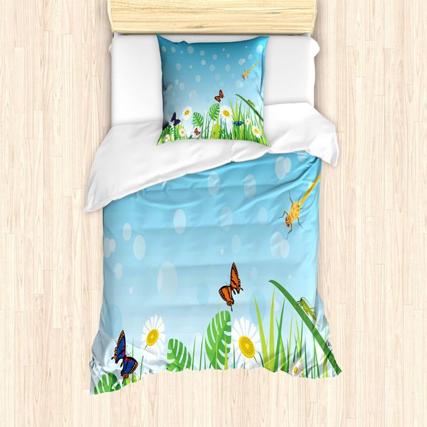 Abakuhaus Set Copripiumino Per Letto Singolo Con Motivo Floreale E Insetti, Prato Soleggiato, Antiacaro, Adatto A Chi Soffre Di Allergie, Con Federa, 135 Cm X 200 Cm - 80 X 80 Cm, Blu Cielo Profondo Multicolore-image