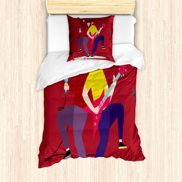 Abakuhaus Set Copripiumino Rock'n'Roll Per Letti Singoli, Chitarrista E Cantante, Antiacaro, Adatto A Chi Soffre Di Allergie, Con Federa, 135 Cm X 200 Cm - 80 X 80 Cm, Rubino E Multicolore-image