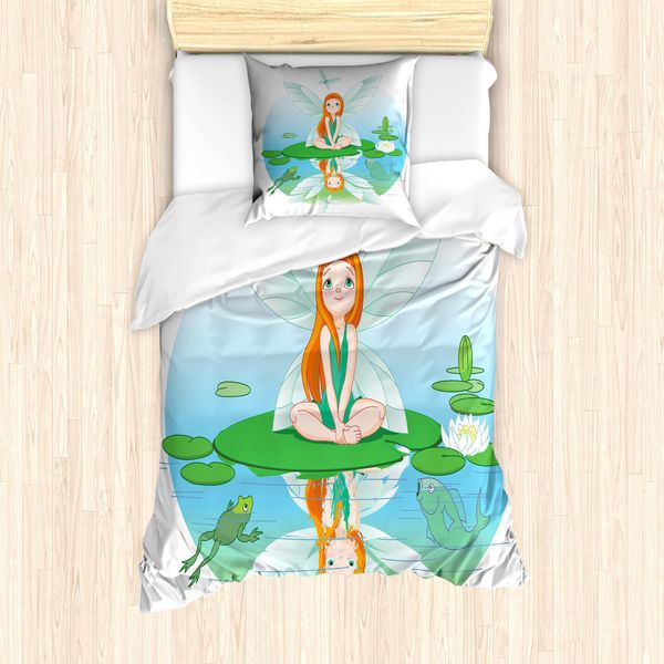 Abakuhaus Set Copripiumino Per Letto Singolo Con Motivo Rane, Fata Su Foglia Di Ninfea, Antiacaro, Adatto A Chi Soffre Di Allergie, Con Federa, 135 Cm X 200 Cm - 80 X 80 Cm, Multicolore-image