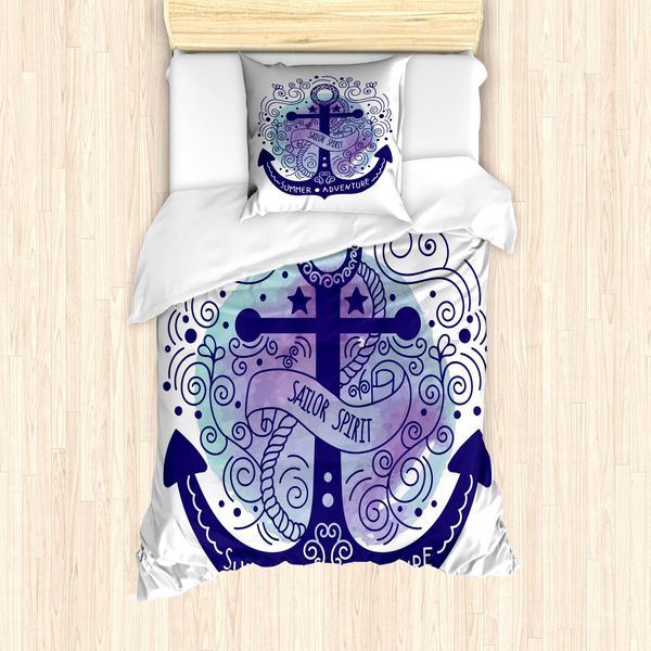 Abakuhaus Set Copripiumino Vintage Nautical Tattoo Per Letti Singoli, Acquerello Anchor, Antiacaro, Adatto A Chi Soffre Di Allergie, Con Federa, 135 Cm X 200 Cm - 80 X 80 Cm, Indigo Pale Seafoam-image