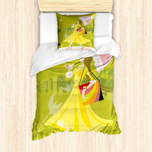 Abakuhaus Set Copripiumino Per Letto Singolo Con Motivo Ombrelli, Donna, Antiacaro, Adatto A Chi Soffre Di Allergie, Con Federa, 135 Cm X 200 Cm - 80 X 80 Cm, Giallo Verde Multicolore-image