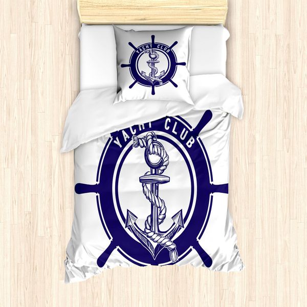 Abakuhaus Set Copripiumino Vintage Nautical Tattoo Per Letti Singoli, Volante Rope, Antiacaro, Adatto A Chi Soffre Di Allergie, Con Federa, 135 Cm X 200 Cm - 80 X 80 Cm, Indaco Bianco-image
