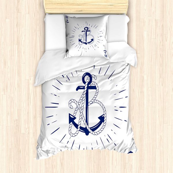 Abakuhaus Set Copripiumino Vintage Con Tatuaggi Nautici Per Letti Singoli, Disegno Monocromatico, Antiacaro E Anallergico Con Federa, 135 Cm X 200 Cm - 80 X 80 Cm, Indaco E Bianco-image