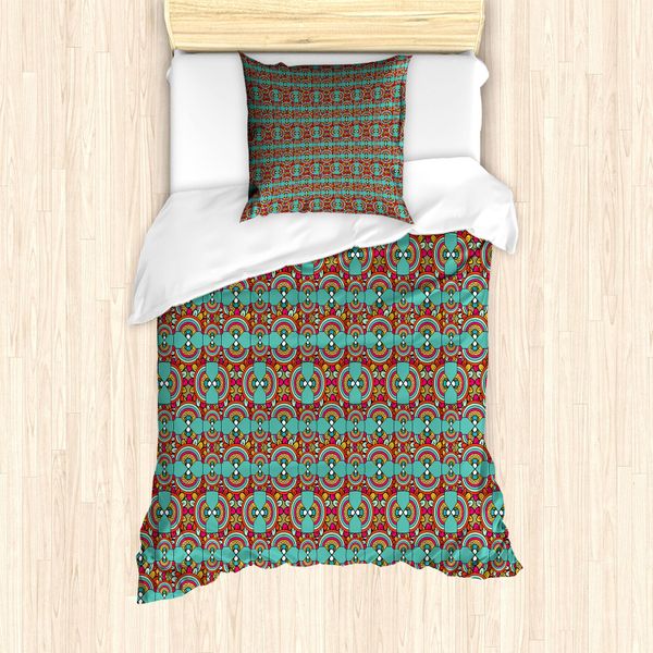 Set Copripiumino Abakuhaus Per Letti Singoli, Arte Etnica Colorata E Stravagante, Antiacaro E Anallergico, Con Federa, 135 Cm X 200 Cm - 80 X 80 Cm, Seafoam Magenta-image