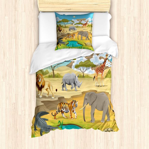 Abakuhaus Set Copripiumino Per Letti Singoli Con Motivo Animali, Paesaggio Boschivo, Antiacaro, Adatto A Chi Soffre Di Allergie, Con Federa, 135 Cm X 200 Cm - 80 X 80 Cm, Blu Cielo Profondo Multicolore-image