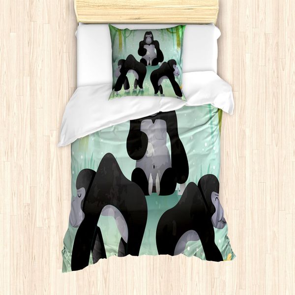 Abakuhaus Set Copripiumino Per Letto Singolo, Animali Della Foresta Chunky, Antiacaro, Adatto A Chi Soffre Di Allergie, Con Federa, 135 Cm X 200 Cm - 80 X 80 Cm, Grigio Verde-image