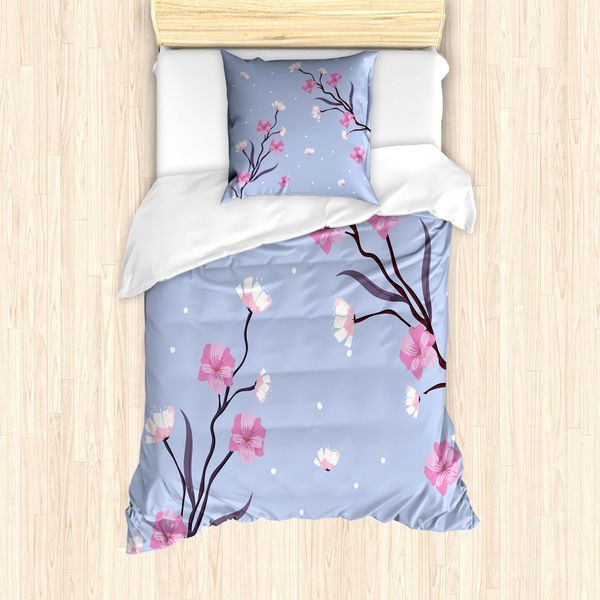 Abakuhaus Set Copripiumino Blu E Rosa Per Letti Singoli, Ramo Di Fiori Di Melo, Antiacaro, Adatto A Chi Soffre Di Allergie, Con Federa, 135 Cm X 200 Cm - 80 X 80 Cm, Ceil Blu Rosa-image