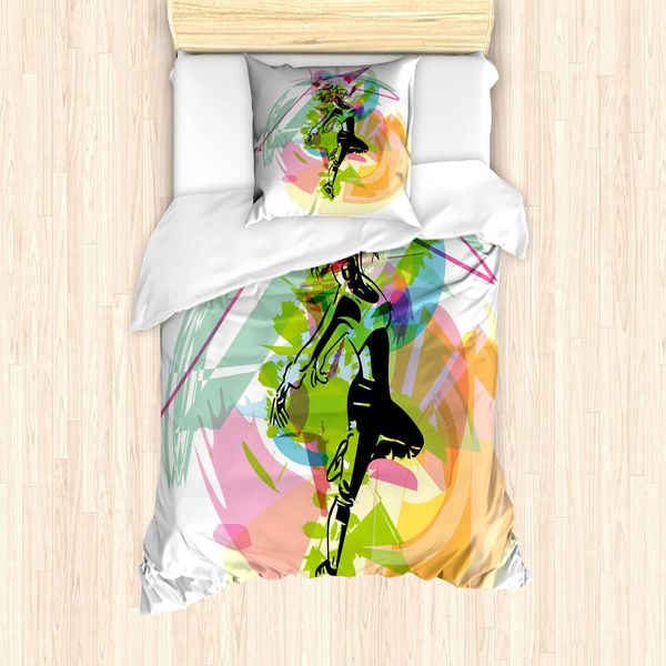 Abakuhaus Set Copripiumino Astratto Per Letto Singolo, Creativo E Urbano, Antiacaro, Adatto A Chi Soffre Di Allergie, Con Federa, 135 Cm X 200 Cm - 80 X 80 Cm, Verde Lime Multicolore-image