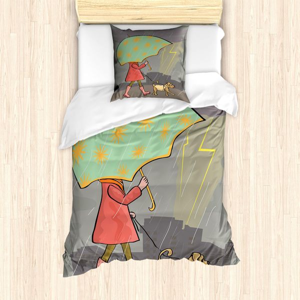 Abakuhaus Set Copripiumino Per Letto Singolo Con Motivo Ombrelli, Donna Che Passeggia Con Cane, Antiacaro, Adatto A Chi Soffre Di Allergie, Con Federa, 135 Cm X 200 Cm - 80 X 80 Cm, Verde Chiaro Multicolore-image
