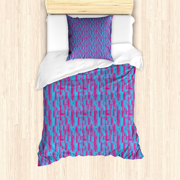 Abakuhaus Set Copripiumino Blu E Rosa Per Letti Singoli, Moderno Quadrato, Antiacaro, Adatto A Chi Soffre Di Allergie, Con Federa, 135 Cm X 200 Cm - 80 X 80 Cm, Rosa Shocking E Azzurro Cielo-image