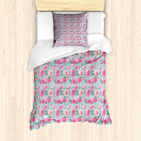 Abakuhaus Set Copripiumino Vintage Rosa Per Letti Singoli, Motivo Floreale Grunge, Antiacaro E Anallergico Con Federa, 135 Cm X 200 Cm - 80 X 80 Cm, Azzurro Pallido Rosa-image