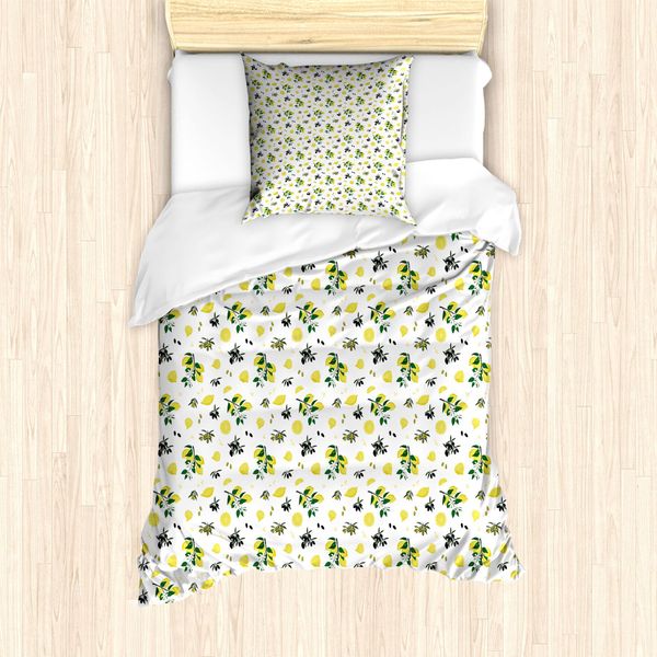 Abakuhaus Set Copripiumino Per Letto Singolo, Modello Estivo Fresh Citrus, Antiacaro, Adatto A Chi Soffre Di Allergie, Con Federa, 135 Cm X 200 Cm - 80 X 80 Cm, Verde Senape E Kaki-image