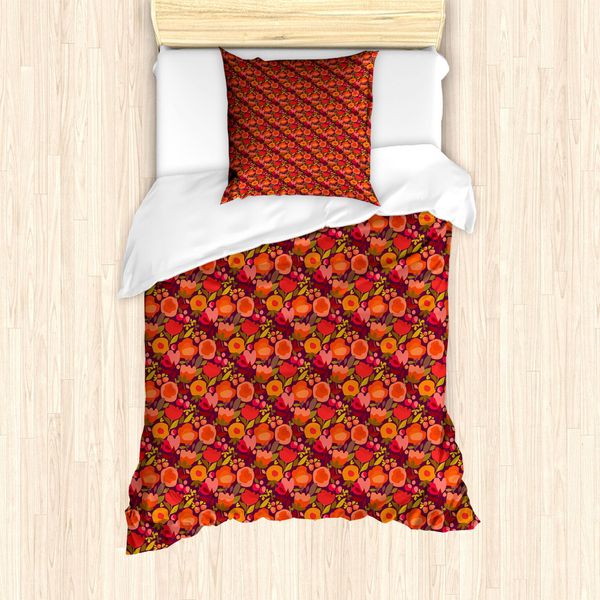 Abakuhaus Set Copripiumino Arancione Bruciato Per Letti Singoli, Motivo Floreale Astratto, Antiacaro E Anallergico Con Federa, 135 Cm X 200 Cm - 80 X 80 Cm, Fucsia Scuro Multicolore-image