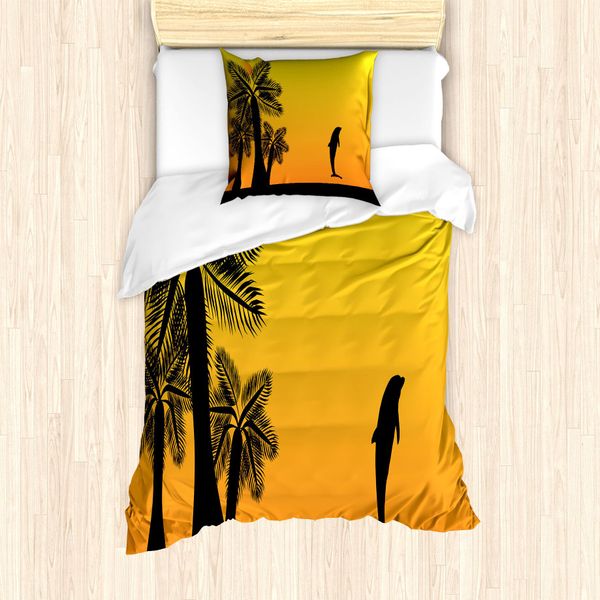 Set Copripiumino Estivo Abakuhaus Per Letti Singoli, Ombre Sunset Palms Dolphin, Antiacaro, Adatto A Chi Soffre Di Allergie, Con Federa, 135 Cm X 200 Cm - 80 X 80 Cm, Giallo Arancione-image