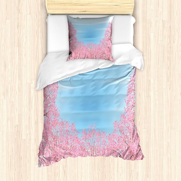 Abakuhaus Set Copripiumino Blu E Rosa Per Letti Singoli, Pinkish Blossom Trees, Antiacaro, Adatto A Chi Soffre Di Allergie, Con Federa, 135 Cm X 200 Cm - 80 X 80 Cm, Rosa Cielo Azzurro-image