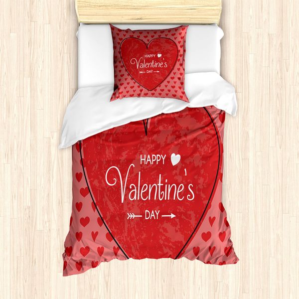 Abakuhaus Set Copripiumino Vintage Valentine Per Letti Singoli, Motivo Cuori, Antiacaro, Adatto A Chi Soffre Di Allergie, Con Federa, 135 Cm X 200 Cm - 80 X 80 Cm, Rosso Vermiglio Rubino-image