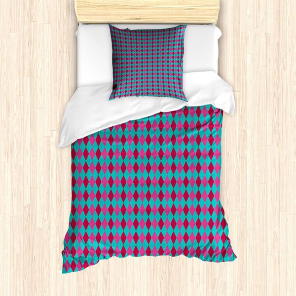 Abakuhaus Set Copripiumino Geometrico A Rombi Per Letti Singoli, FröHlich Argyle, Antiacaro, Adatto A Chi Soffre Di Allergie, Con Federa, 135 Cm X 200 Cm - 80 X 80 Cm, Dark Seafoam Magenta-image
