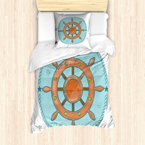 Abakuhaus Set Copripiumino Vintage Nautical Tattoo Per Letti Singoli, Disegno Di Bicicletta, Antiacaro, Adatto A Chi Soffre Di Allergie, Con Federa, 135 Cm X 200 Cm - 80 X 80 Cm, Seafoam Burnt Sienna-image