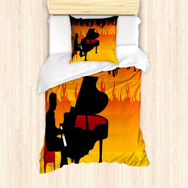 Abakuhaus Set Copripiumino Per Letti Singoli, Pianista Suona Sulle Fiamme, Antiacaro, Adatto A Chi Soffre Di Allergie, Con Federa, 135 Cm X 200 Cm - 80 X 80 Cm, Marigold Multicolor-image