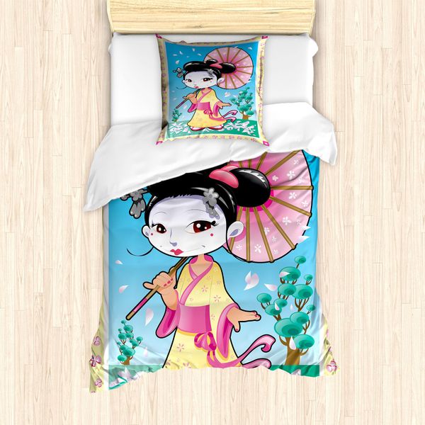 Abakuhaus Set Copripiumino Per Letto Singolo Con Motivo Ombrelli, Geisha, Antiacaro, Adatto A Chi Soffre Di Allergie, Con Federa, 135 Cm X 200 Cm - 80 X 80 Cm, Blu Cielo Profondo Multicolore-image