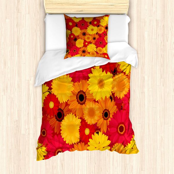Abakuhaus Set Copripiumino Gerber Daisy Per Letti Singoli, Tonalità Calde Con Motivi Floreali, Antiacaro E Anallergico, Con Federa, 135 Cm X 200 Cm - 80 X 80 Cm, Multicolore-image