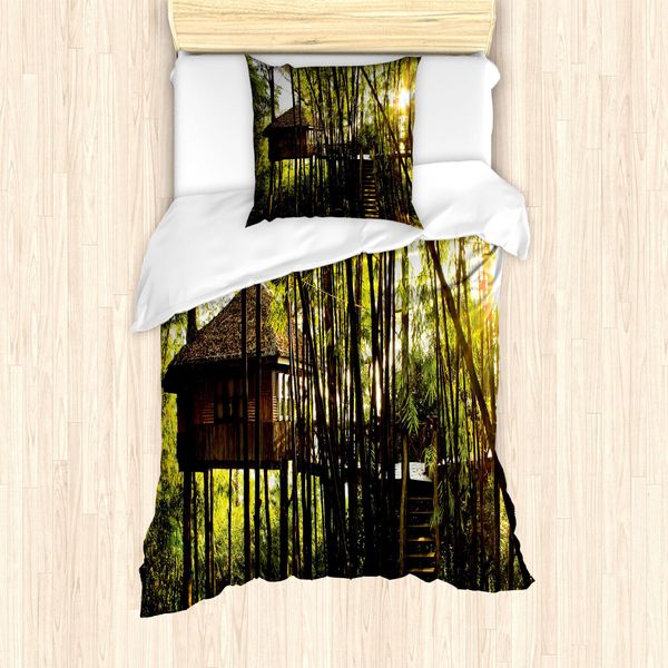 Abakuhaus Set Copripiumino Per Letto Singolo, Capanna Nell'idilliaco Bosco, Antiacaro, Adatto A Chi Soffre Di Allergie, Con Federa, 135 Cm X 200 Cm - 80 X 80 Cm, Giallo Verde Marrone Scuro-image
