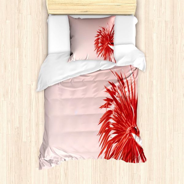 Abakuhaus Set Copripiumino In Colore Naturale Per Letti Singoli, Palm And Pure Sky, Antiacaro E Anallergico Con Federa, 135 Cm X 200 Cm - 80 X 80 Cm, Blush E Dark Coral-image