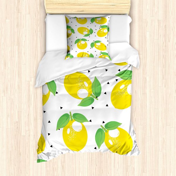 Abakuhaus Set Copripiumino Per Letti Singoli, Cheery Agrumi Arte, Antiacaro Adatto A Chi Soffre Di Allergie Con Federa, 135 Cm X 200 Cm - 80 X 80 Cm, Verde Lime Senape-image