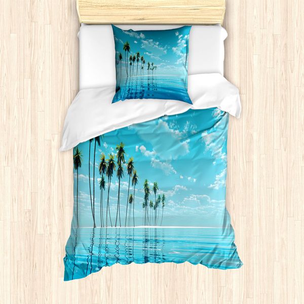 Abakuhaus Set Copripiumino Fiji Per Letti Singoli, Lunghi Alberi Di Cocco Acqua Tranquilla, Antiacaro Adatto A Chi Soffre Di Allergie Con Federa, 135 Cm X 200 Cm - 80 X 80 Cm, Blu Mare-image