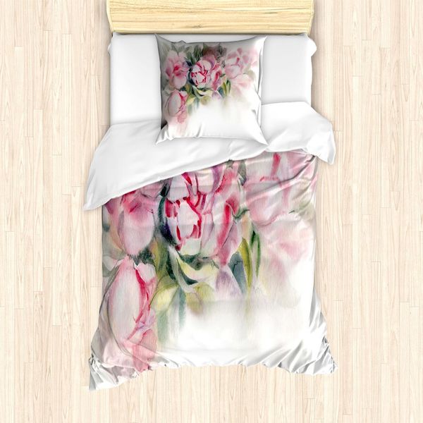 Abakuhaus Set Copripiumino Con Motivo Peonia, Illustrazione Floreale Romantica Disegnata A Mano Ad Acquerello, 135 X 200 Cm + 80 X 80 Cm, Rosa Confetto E Tortora-image