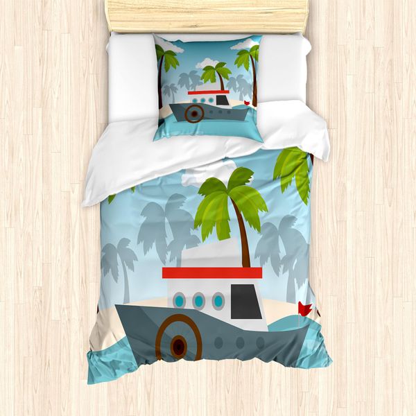Abakuhaus Set Copripiumino Grafico Per Letti Singoli, Cartoon Boat Palms, Antiacaro, Adatto A Chi Soffre Di Allergie, Con Federa, 135 Cm X 200 Cm - 80 X 80 Cm, Multicolore-image