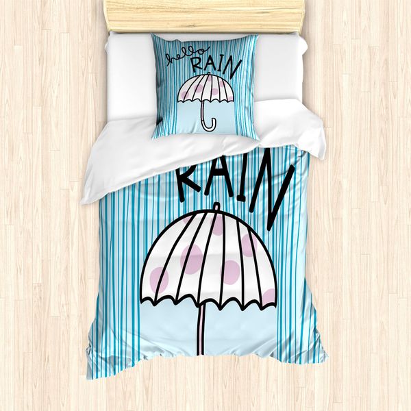Abakuhaus Set Copripiumino Autunnale Per Letti Singoli, Hallo Regen Wording Ombrello, Antiacaro, Adatto A Chi Soffre Di Allergie, Con Federa, 135 Cm X 200 Cm - 80 X 80 Cm, Blu Pallido Malva-image