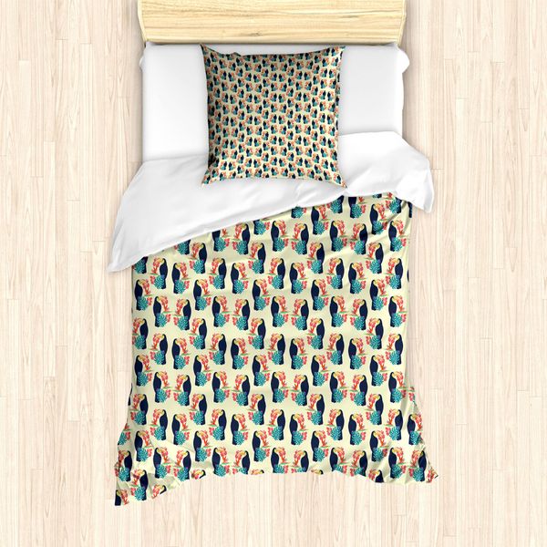 Abakuhaus Set Copripiumino Tropicale Per Letti Singoli, Tucano E Botanica Esotica, Antiacaro, Adatto A Chi Soffre Di Allergie, Con Federa, 135 Cm X 200 Cm - 80 X 80 Cm, Crema Multicolore-image
