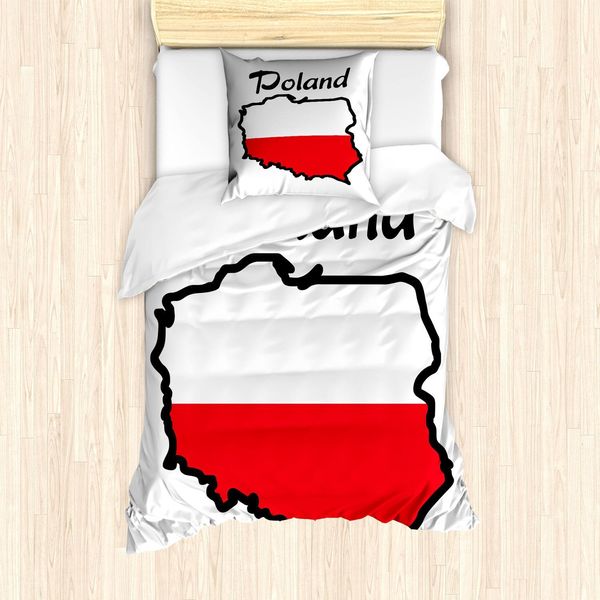 Abakuhaus Polonia Set Copripiumino, Mostra Il Tuo Amore Per L'europa E I Viaggi Con Mappa E Bandiera, 135 X 200 Cm + 80 X 80 Cm, Rosso Cinabro Grigio Antracite-image