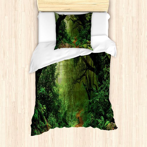 Abakuhaus Set Copripiumino Per Letti Singoli, Foresta In Asia Touristic, Antiacaro, Adatto A Chi Soffre Di Allergie, Con Federa, 135 Cm X 200 Cm - 80 X 80 Cm, Verde Marrone-image