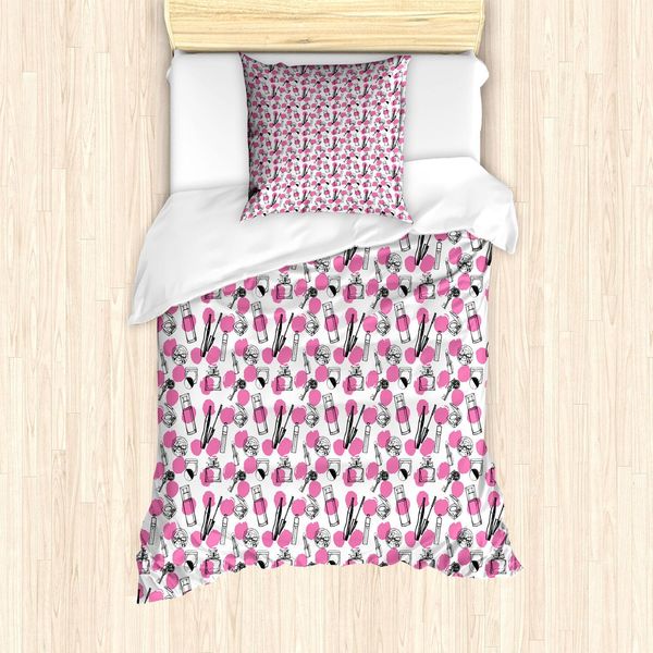 Abakuhaus Set Copripiumino Femminile, Stampa Ripetitiva Con Profumo, Rossetto, Articoli Per La Cura Femminile E Pois, 135 X 200 Cm + 80 X 80 Cm, Rosa E Grigio Scuro-image