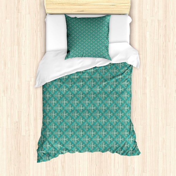 Set Copripiumino Abakuhaus Aqua-Damast Per Letti Singoli, Stile Paisley Orientale, Antiacaro, Adatto A Chi Soffre Di Allergie, Con Federa, 135 Cm X 200 Cm - 80 X 80 Cm, Blu Cadetto Scuro Seafoam-image