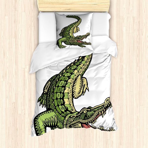 Abakuhaus Set Copripiumino Per Letto Singolo Con Motivo Coccodrillo, Alligatore Dettagliato, Antiacaro, Adatto A Chi Soffre Di Allergie, Con Federa, 135 Cm X 200 Cm - 80 X 80 Cm, Crema, Verde Lime, Bianco-image