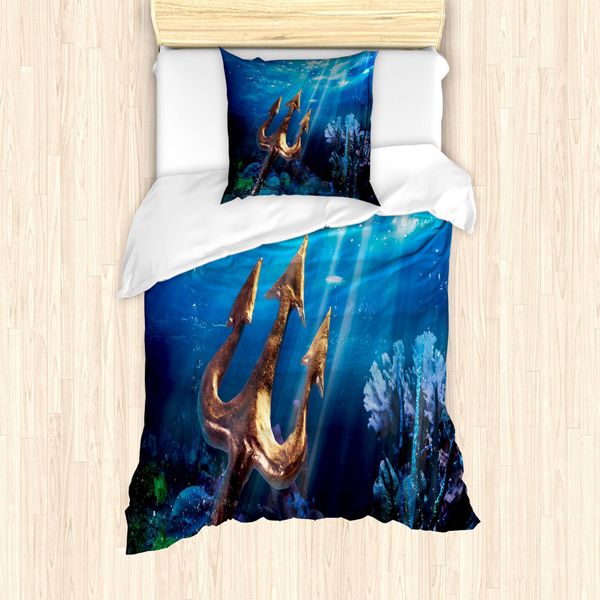 Abakuhaus Set Copripiumino Neptun Per Letti Singoli, Trident Underwater, Antiacaro, Adatto A Chi Soffre Di Allergie, Con Federa, 135 Cm X 200 Cm - 80 X 80 Cm, Blu Cobalto Multicolore-image