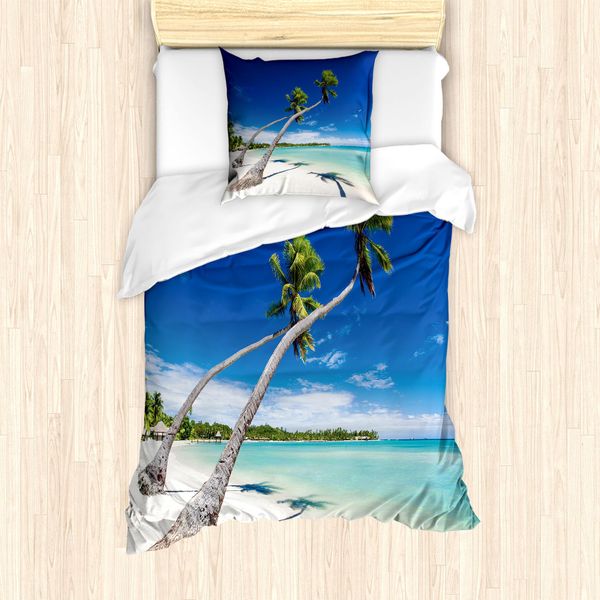 Abakuhaus Set Copripiumino Fiji Per Letti Singoli, Alberi Che Pendono Sopra Una Laguna, Antiacaro Adatto A Chi Soffre Di Allergie Con Federa, 135 Cm X 200 Cm - 80 X 80 Cm, Blu Cobalto-Turchese-image