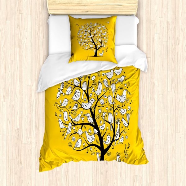 Abakuhaus Set Copripiumino Per Letto Singolo Yellow Bird, Uccelli E Rami Doodle, Antiacaro, Adatto A Chi Soffre Di Allergie, Con Federa, 135 Cm X 200 Cm - 80 X 80 Cm, Terra Giallo Bianco-image