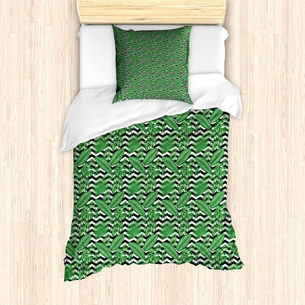 Abakuhaus Set Copripiumino Jungle Leaf Per Letti Singoli, Foglie A Zigzag, Antiacaro, Adatto A Chi Soffre Di Allergie, Con Federa, 135 Cm X 200 Cm - 80 X 80 Cm, Grigio Antracite E Verde-image