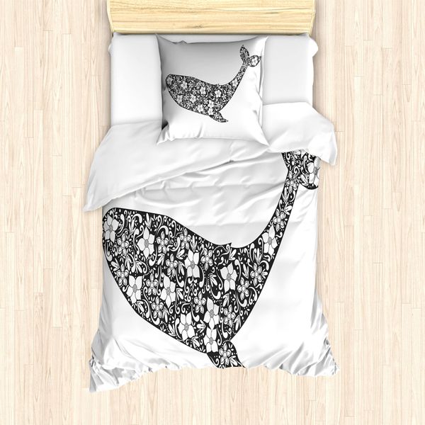 Abakuhaus Set Copripiumino Vintage Nautical Tattoo Per Letti Singoli, Zentangle Whale, Antiacaro E Anallergico Con Federa, 135 Cm X 200 Cm - 80 X 80 Cm, Taupe Scuro E Bianco-image