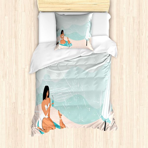 Abakuhaus Set Copripiumino Con Motivo Grafico Per Letti Singoli, Ragazza E Cane Sulla Costa, Antiacaro, Adatto A Chi Soffre Di Allergie, Con Federa, 135 Cm X 200 Cm - 80 X 80 Cm, Multicolore-image