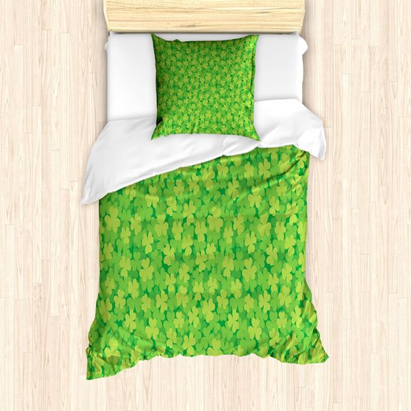 Abakuhaus Set Copripiumino A Quadrifoglio Per Letti Singoli, Luck Shamrocks, Antiacaro, Adatto A Chi Soffre Di Allergie, Con Federa, 135 Cm X 200 Cm - 80 X 80 Cm, Fern Green Lime Green-image