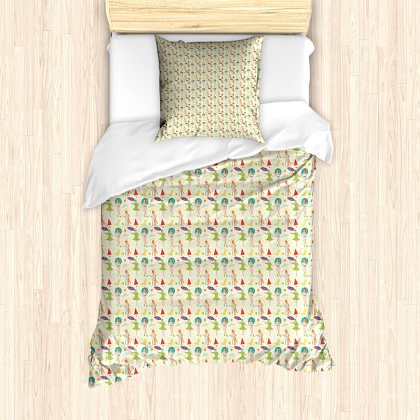 Abakuhaus Set Copripiumino Per Letto Singolo Con Motivo Ombrelli, Donna Vintage, Antiacaro, Adatto A Chi Soffre Di Allergie, Con Federa, 135 Cm X 200 Cm - 80 X 80 Cm, Color Crema E Multicolore-image