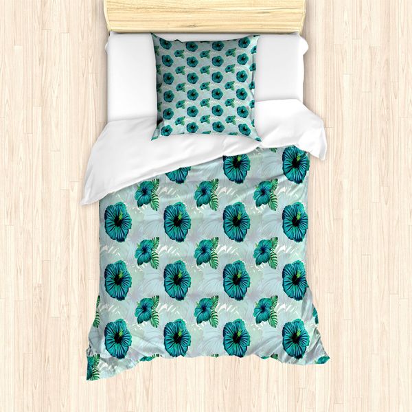 Abakuhaus Set Copripiumino Tropicale Per Letti Singoli, Hawaiian Jungle Hibiscus, Antiacaro, Adatto A Chi Soffre Di Allergie, Con Federa, 135 Cm X 200 Cm - 80 X 80 Cm, Seafoam Teal-image