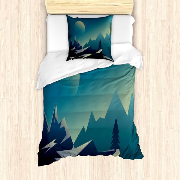Abakuhaus Set Copripiumino Per Letti Singoli, Motivo Geometrico Paesaggistico, Antiacaro E Anallergico Con Federa, 135 Cm X 200 Cm - 80 X 80 Cm, Blu Mare E Verde Chiaro-image