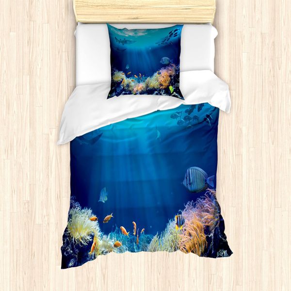 Abakuhaus Set Copripiumino Subacqueo Per Letti Singoli, Vari Pesci Acquatici, Antiacaro, Adatto A Chi Soffre Di Allergie, Con Federa, 135 Cm X 200 Cm - 80 X 80 Cm, Blu Cobalto Multicolore-image
