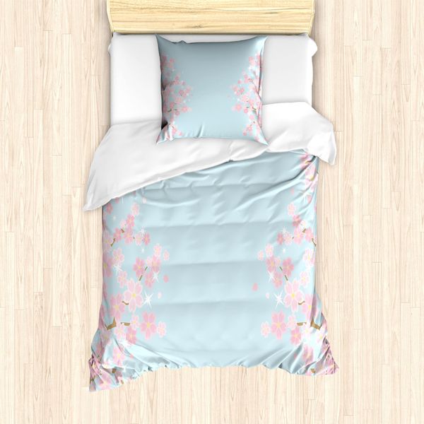 Abakuhaus Set Copripiumino Blu E Rosa Per Letti Singoli, Motivi Floreali Bloom, Antiacaro E Anallergico Con Federa, 135 Cm X 200 Cm - 80 X 80 Cm, Azzurro E Rosa Confetto-image